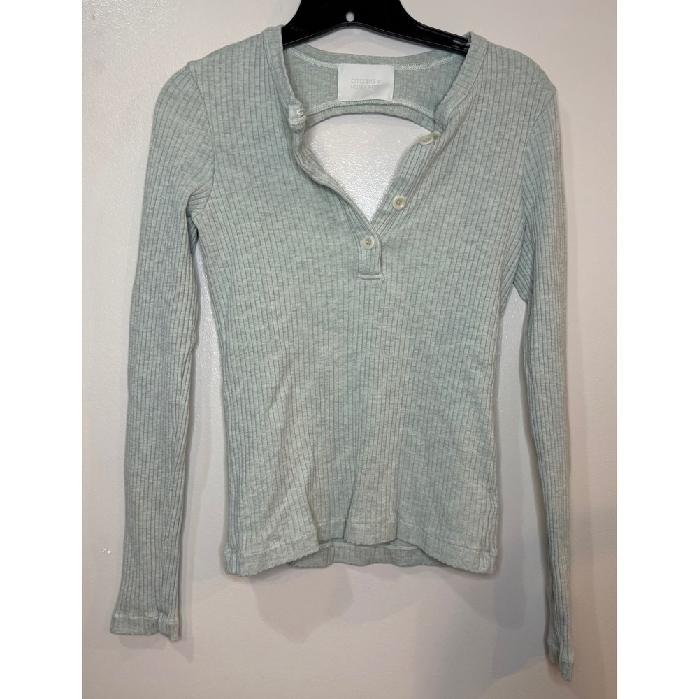 Citizens of Humanity Ribbed Henley Top Sage Green Back Cutout Women's M - Picture 2 of 7